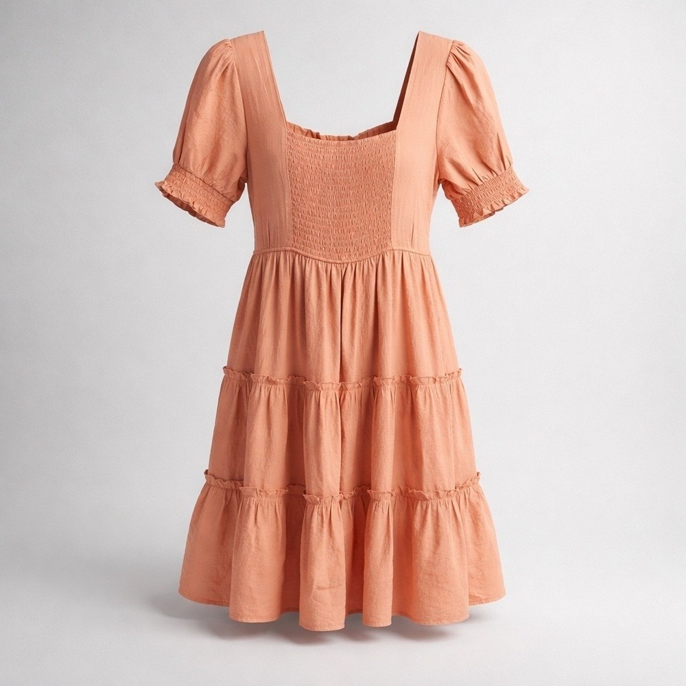 NWT MINE Anthropologie Mini Dress Women Large Apricot Puff Sleeve - Picture 2 of 5